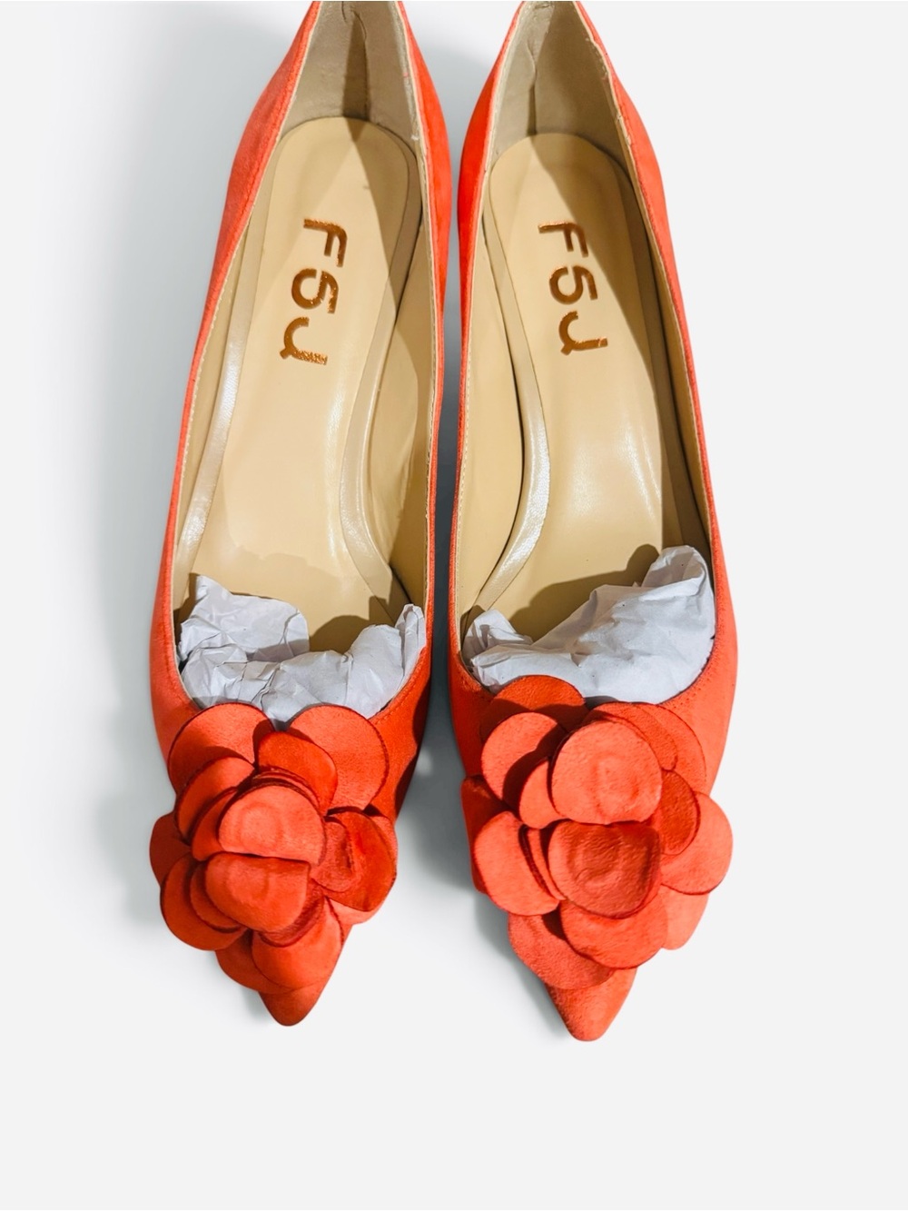 FSJ Orange Court Vegan Suede Flower Pointed Toe Pumps - Picture 5 of 9